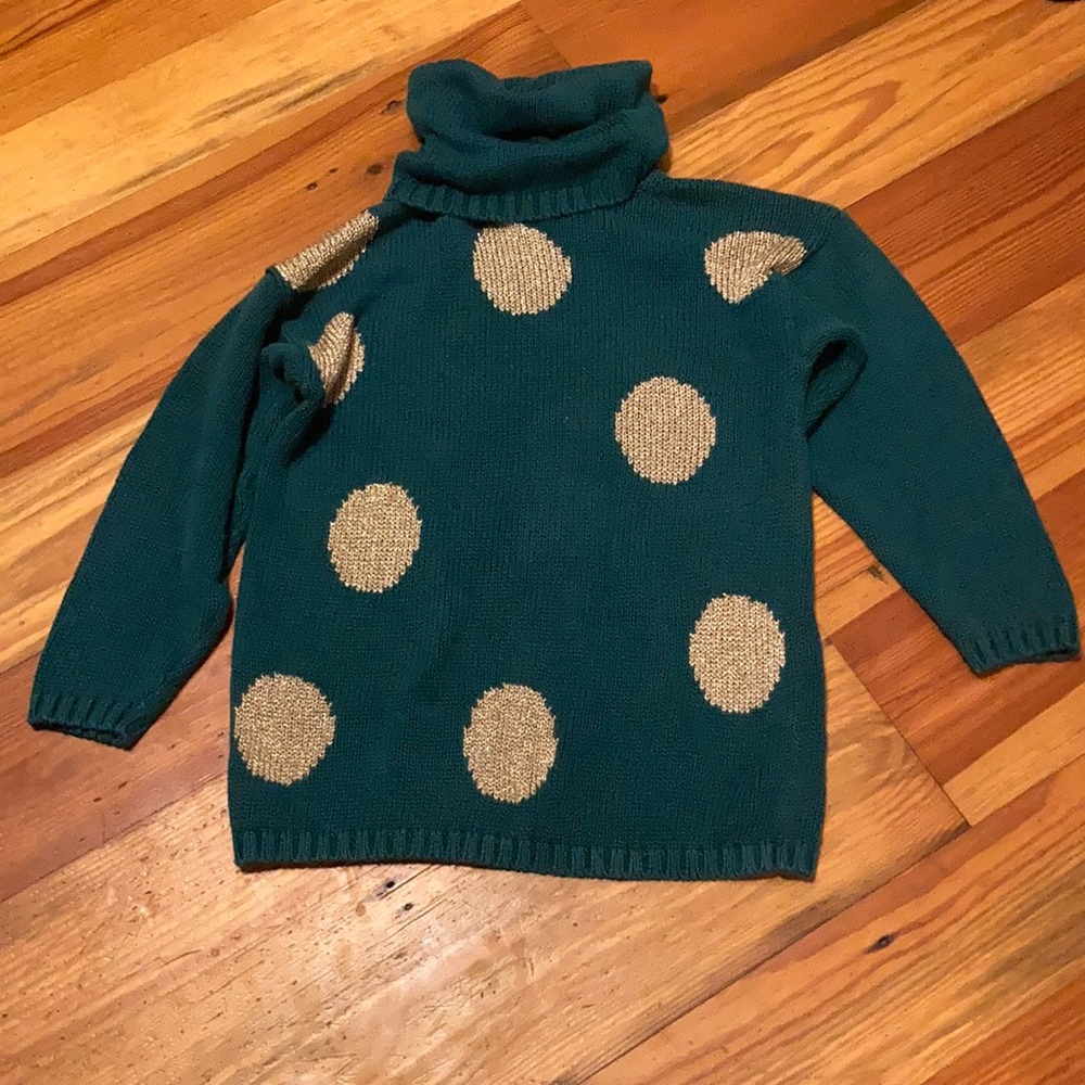 Pasta green knit turtleneck sweater gold circles Sz M